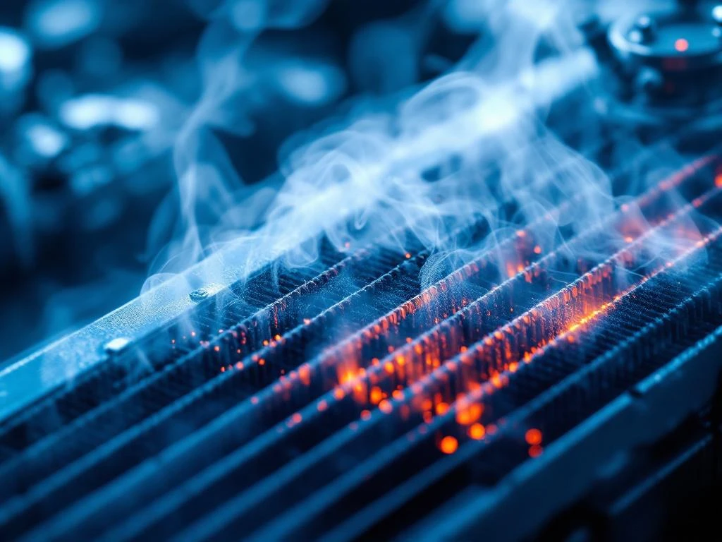 Moderner Autokühler mit Kühlrippen und Rohren, Thermostaten im Vordergrund, Dampf steigt auf, blaue und silberne Töne