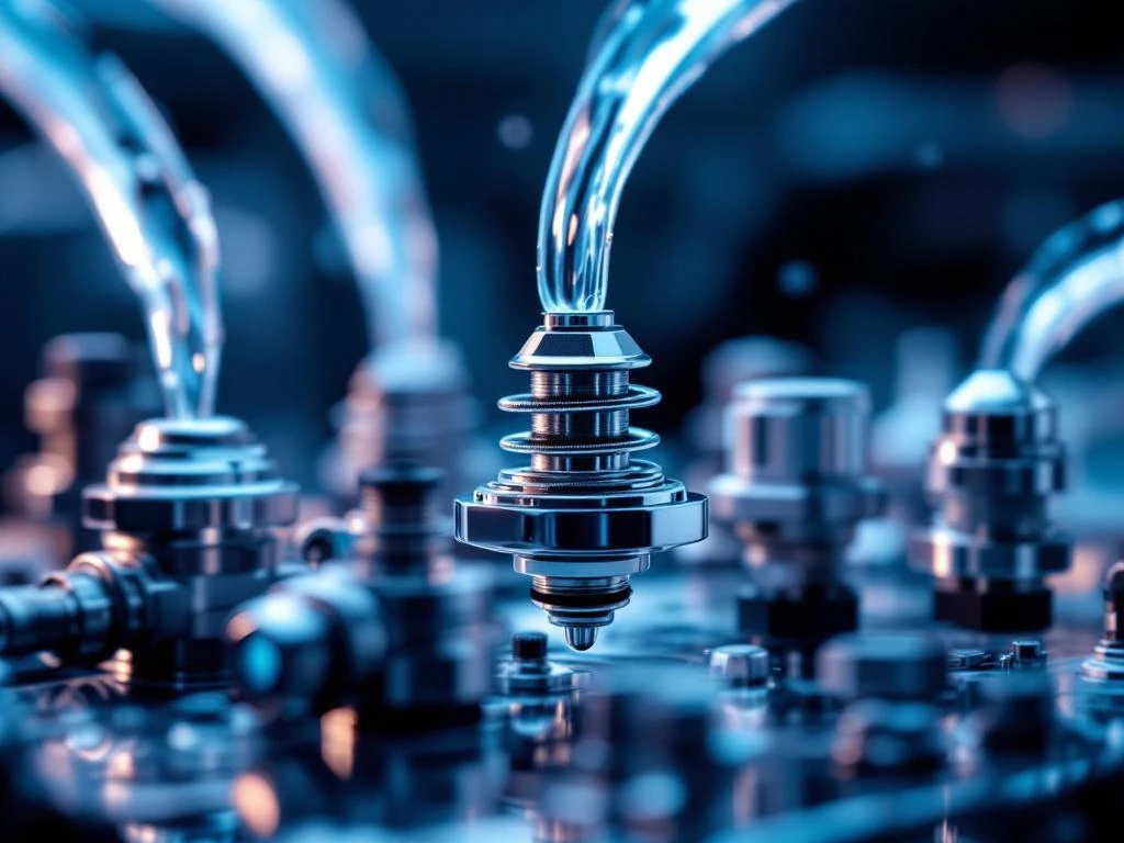 Nahaufnahme von Automotor-Kühlsystemkomponenten mit Thermostat, Temperatursensoren und Kühlmittelreglern aus Metall