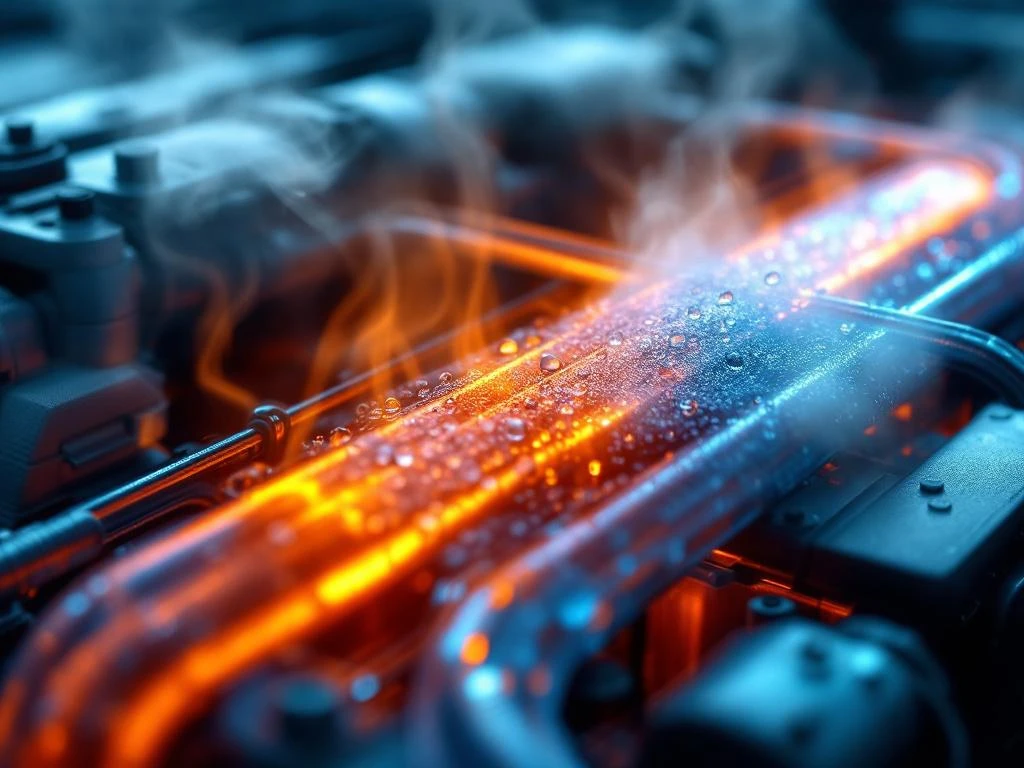 Nahaufnahme eines modernen Automotors mit Thermostaten, Temperatursensoren und bunten Kühlmittelleitungen