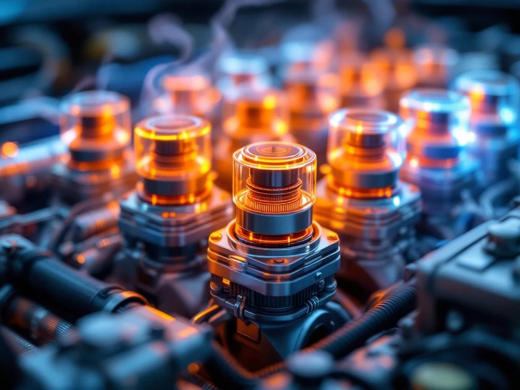 Hochmoderne Automobilthermostaten und Kühlsystemkomponenten mit thermischen Farbverläufen in Motorraumumgebung