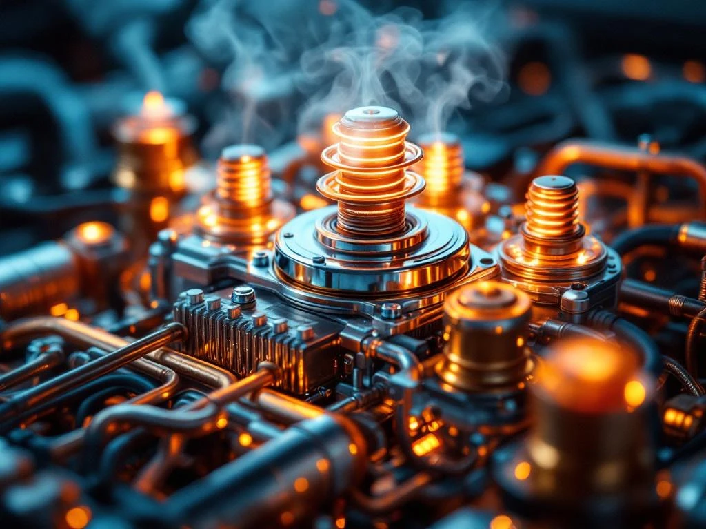 Querschnitt eines Automobil-Kühlsystems mit Thermostat, Temperatursensoren und Kühlmittelleitungen in technischer Darstellung