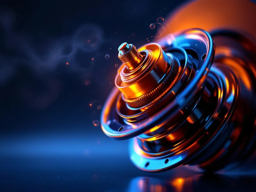 Moderner Autothermostat mit Chromoberfläche in Nahaufnahme, dramatisch beleuchtet mit Dampf und Temperatursignalen