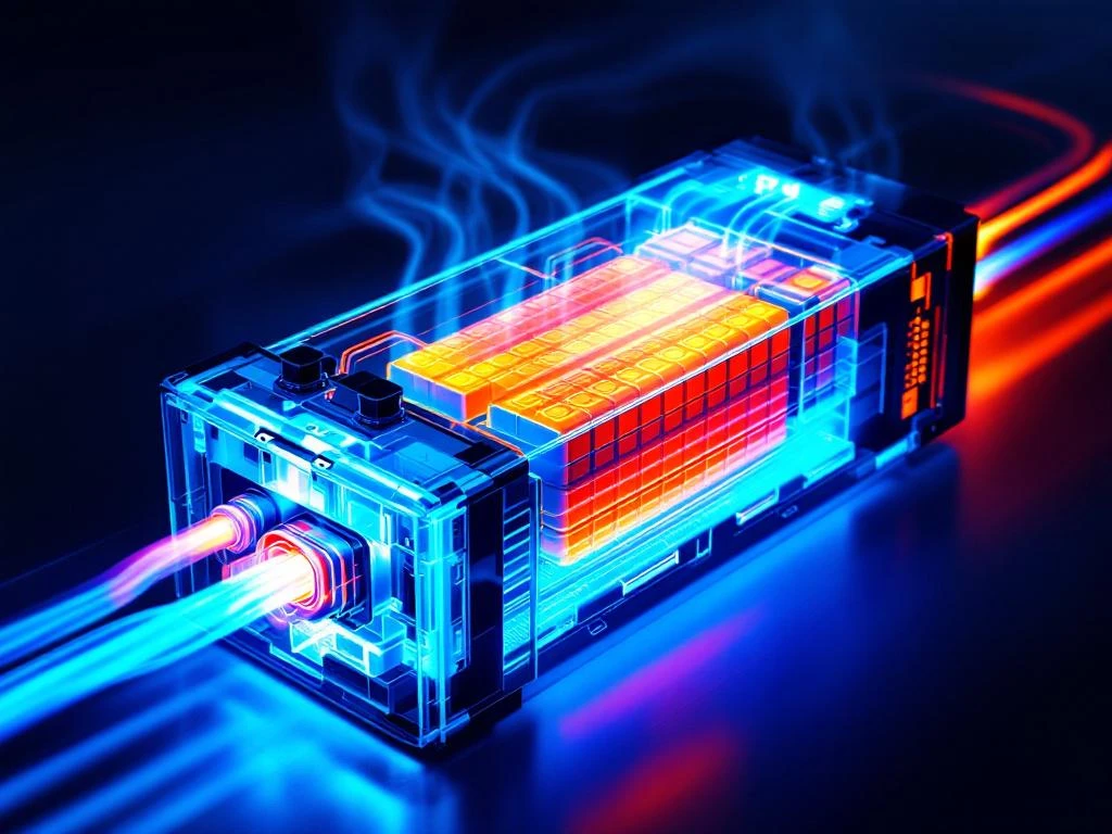 Querschnitt eines Elektrofahrzeug-Akkupacks mit blau-orangen Wärmegradienten und Kühlsystem für Temperaturregulierung