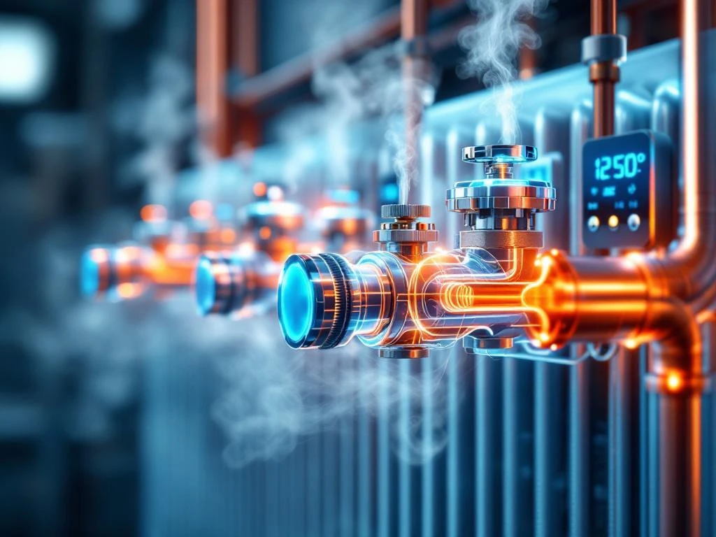 Querschnitt eines modernen Heizsystems mit Kupferrohren, Thermostaten und farbigen Wärmefluss-Overlays