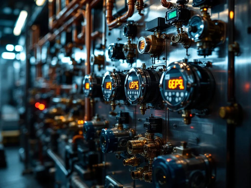 Industrielle Steuerungstafel mit Thermostaten, digitalen Temperaturanzeigen und Kupferrohrleitungen in Metallgehäuse