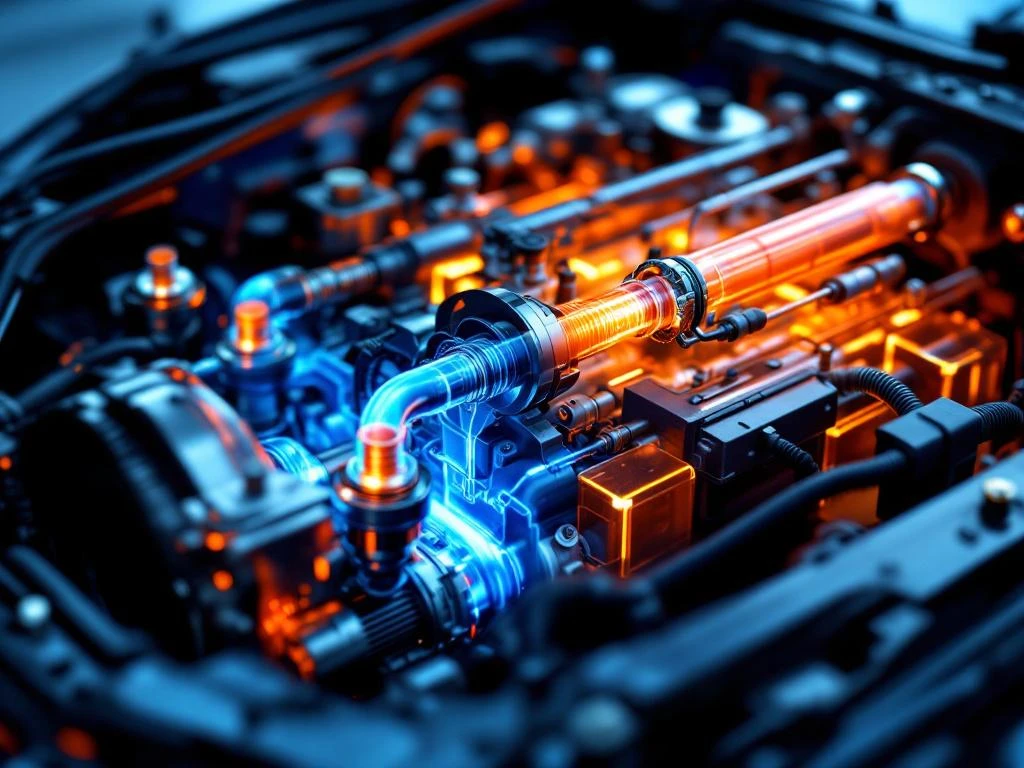 Querschnitt eines Automotors mit Kühlsystem, blaues Kühlmittel in transparenten Rohren, glänzende Metallkomponenten