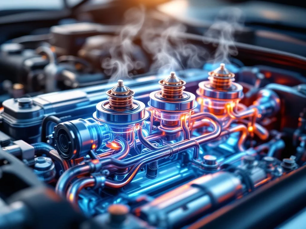 Motorraum-Querschnitt mit Thermostat, Kühlrohren und Temperatursensoren mit thermischen Farbverläufen