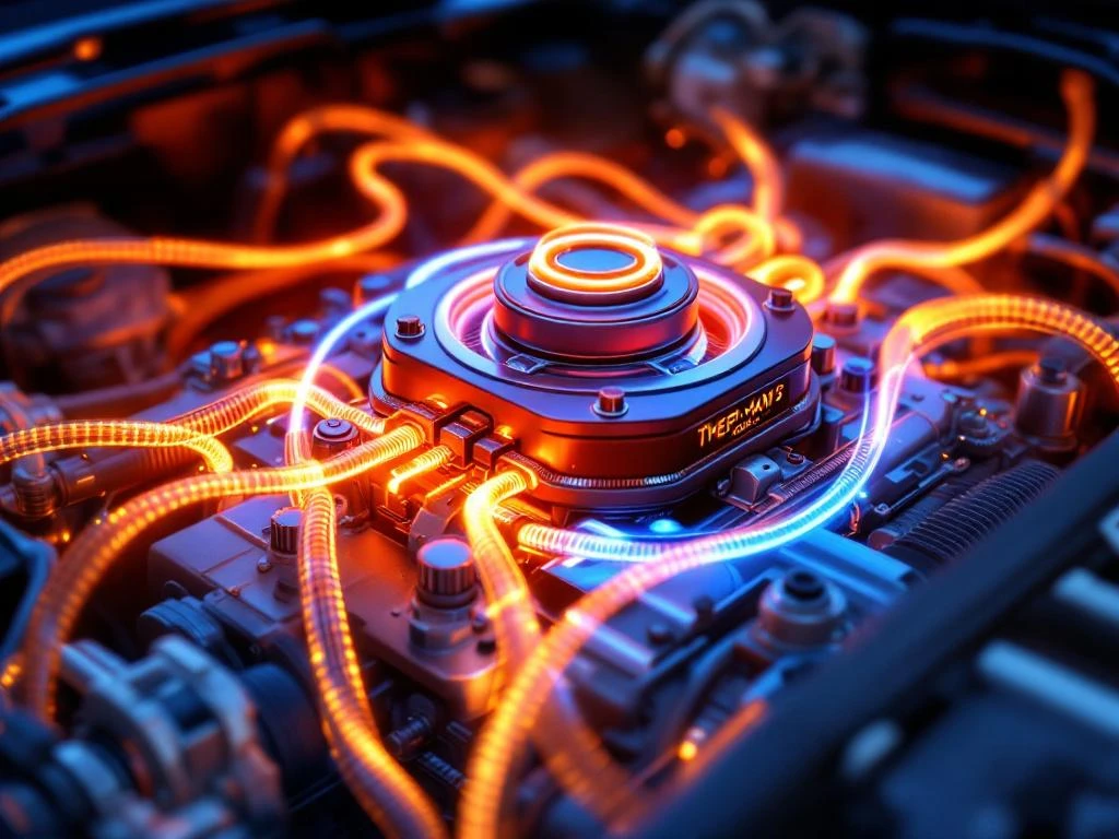 Moderner Automotor-Querschnitt mit Thermostat und Kühlsystem, orange-blaue Wärmegradienten zeigen Temperaturkontrolle