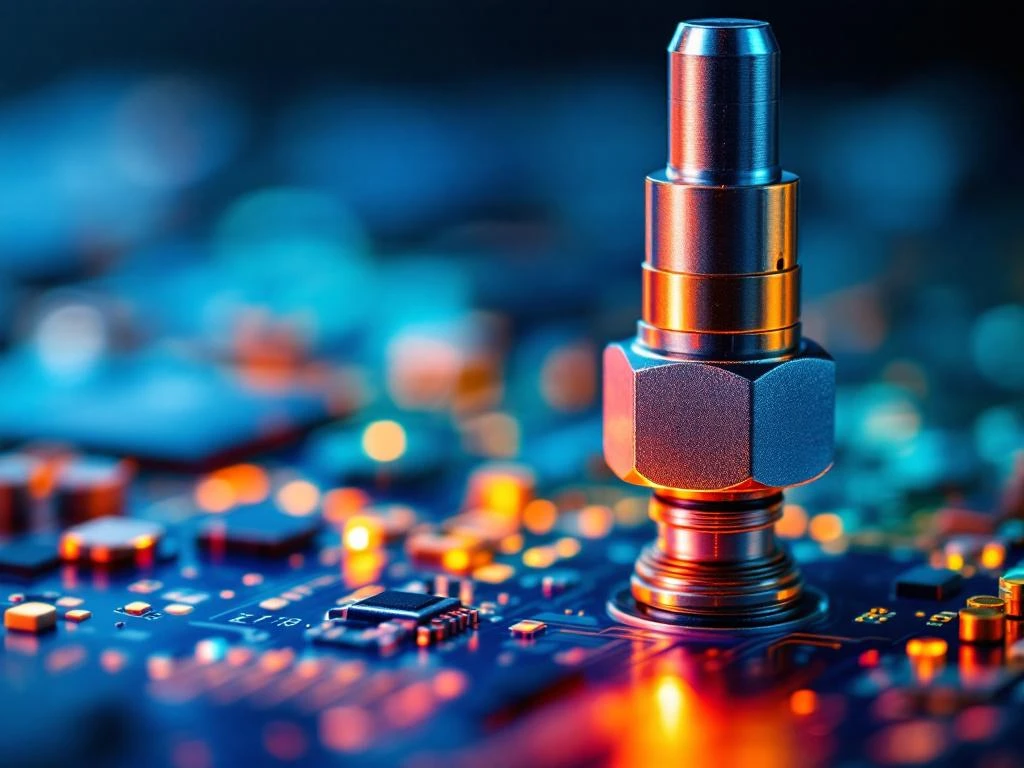 Hochpräzisions-Temperatursensor mit Metallsonde und Schaltkreisen vor Wärmegradient-Hintergrund in Blau bis Rot