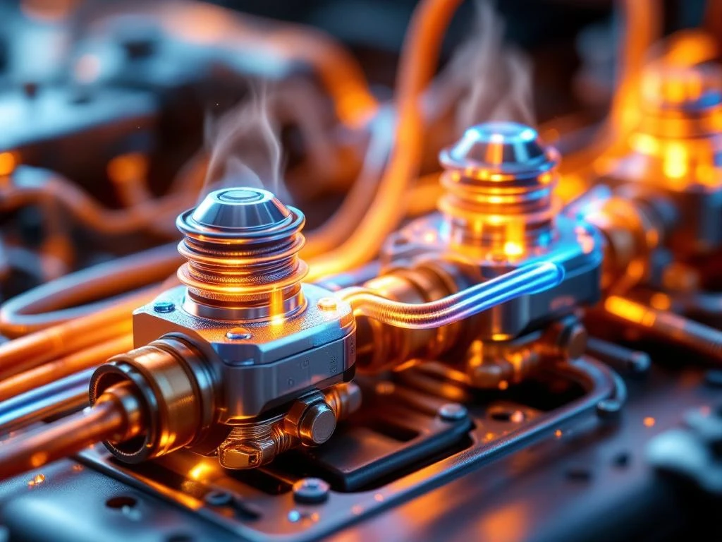 Automotive-Thermomanagementsystem mit metallischen Thermostat-Komponenten, Ventilen und kupferfarbenen Wärmetauschern