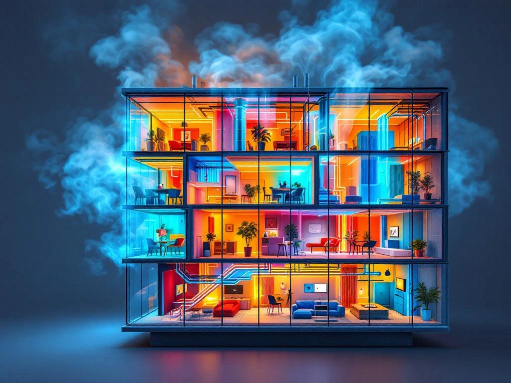 Querschnitt eines modernen Gebäudes mit Wärmebilddarstellung der HVAC-Systeme, Thermostaten und Temperaturverteilung