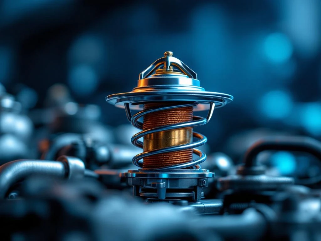 Präzisions-Autothermostat mit Chrom- und Messingoberflächen vor blauem Hintergrund, umgeben von Motorkomponenten