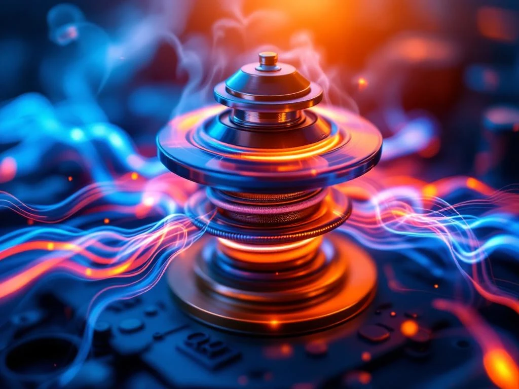 Präzisions-Autothermostat mit Chrom- und Kupferoberflächen, umgeben von blauen und roten Wärmeströmungseffekten