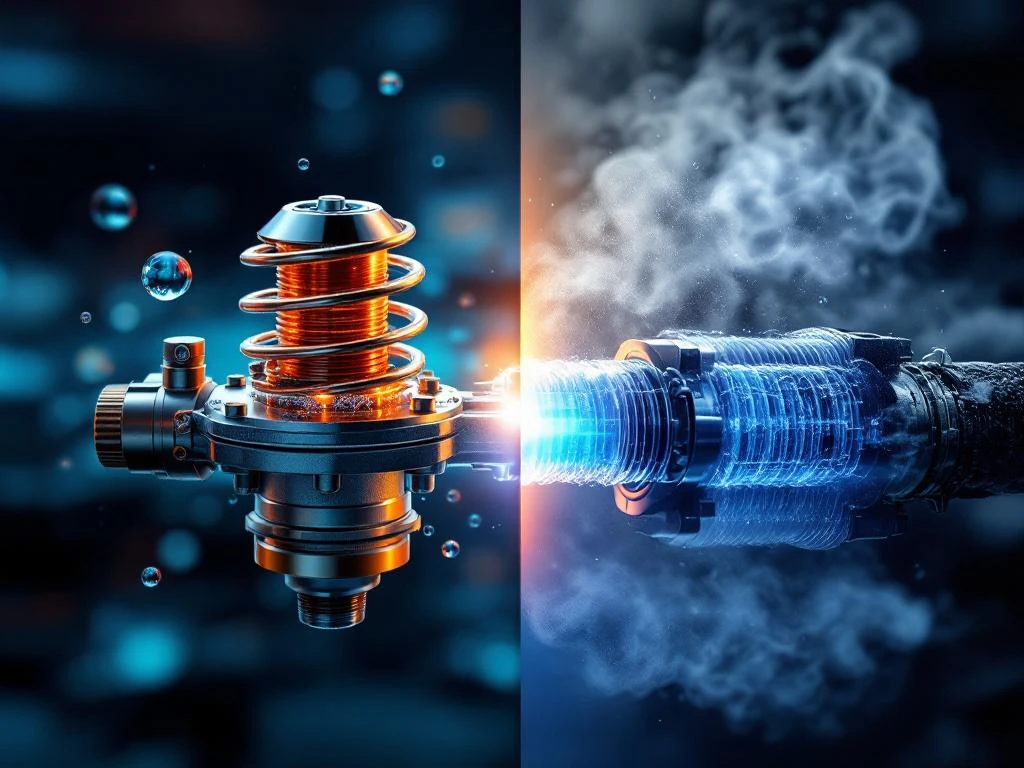 Moderne Thermostatventil-Technologie neben traditionellem Kühlsystem mit Kühlerlamellen und blauem Kühlmittel