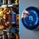 Vergleich zwischen mechanischem Thermostat mit Messingkomponenten und modernem digitalem Thermostat mit LED-Anzeigen