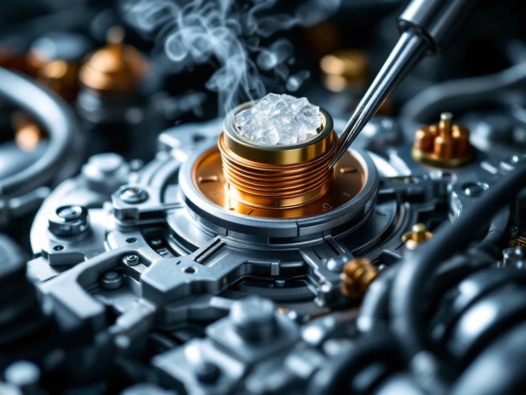 Nahaufnahme eines Präzisions-Thermostat-Wachselements mit kristallinen Wachskügelchen und Metallgehäuse während Kalibrierung