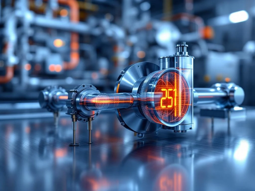 Industrielle Thermostat-Komponenten mit Temperatursensoren und Wärmetauschern auf metallischer Oberfläche