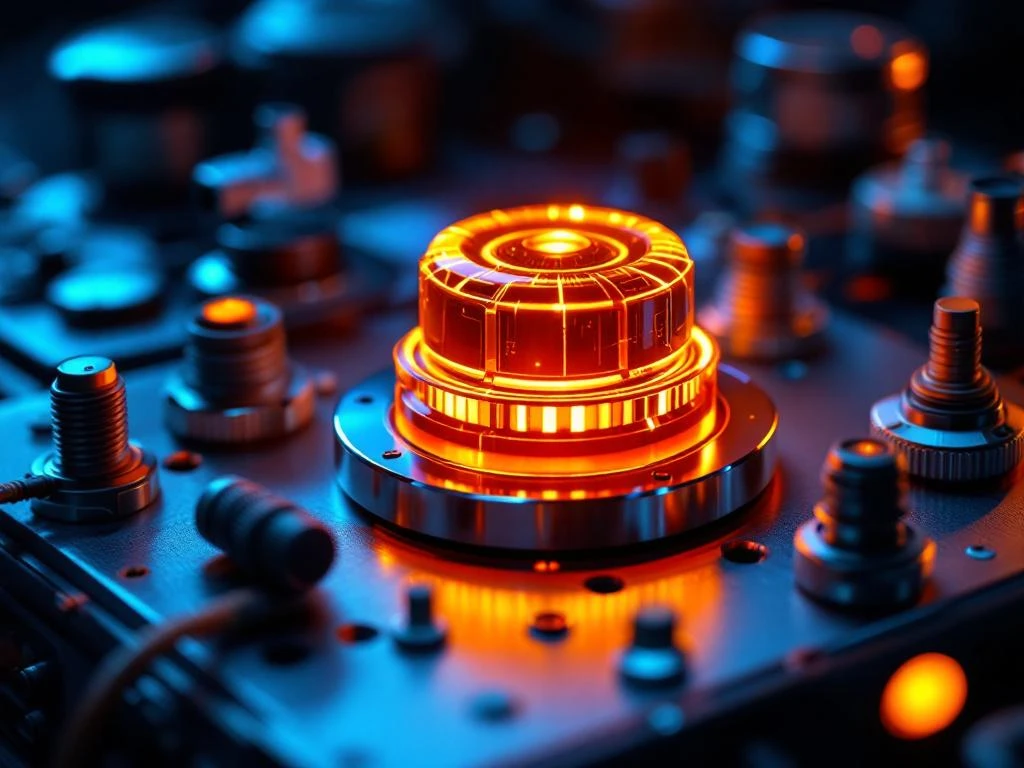 Präzisions-Wachsaktuator mit bernsteinfarbenem Glühen umgeben von Automobilthermostaten auf metallischer Oberfläche