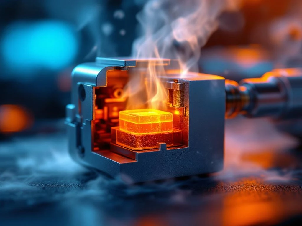 Querschnitt eines Präzisions-Wachselement-Thermoaktors mit glühendem Wachsmechanismus und Temperaturfarbverlauf