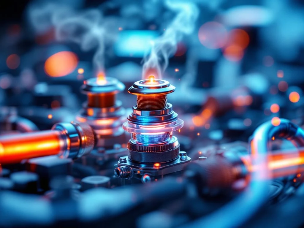 Hochmoderne Wärmetauscher und Thermostate aus Kupfer und Metall mit Temperaturanzeigen und Kühlmittelleitungen