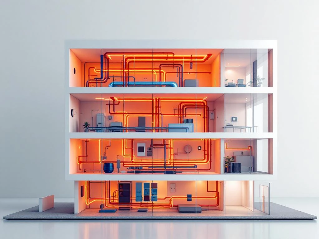 Gebäudequerschnitt mit modernen Wärmemanagementsystemen, Kupferrohren und thermischen Visualisierungseffekten
