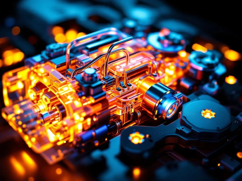 Querschnitt eines Kfz-Thermomanagementsystems mit Wachsaktuatoren und metallischen Komponenten in dramatischer Beleuchtung