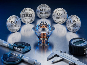 Automotive thermostat component with copper and steel elements on metallic surface surrounded by five certification badges