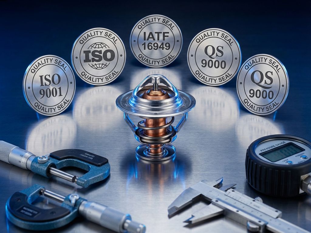 Automotive thermostat component with copper and steel elements on metallic surface surrounded by five certification badges