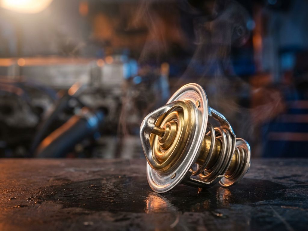 Automotive thermostat component with metallic brass and steel construction in engine compartment with steam effects
