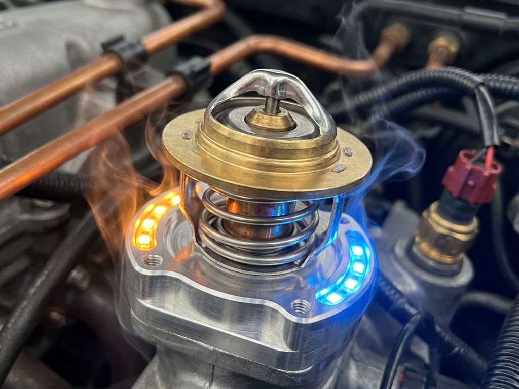 Automotive thermostat component with metallic surfaces in engine bay with orange and blue lighting effects