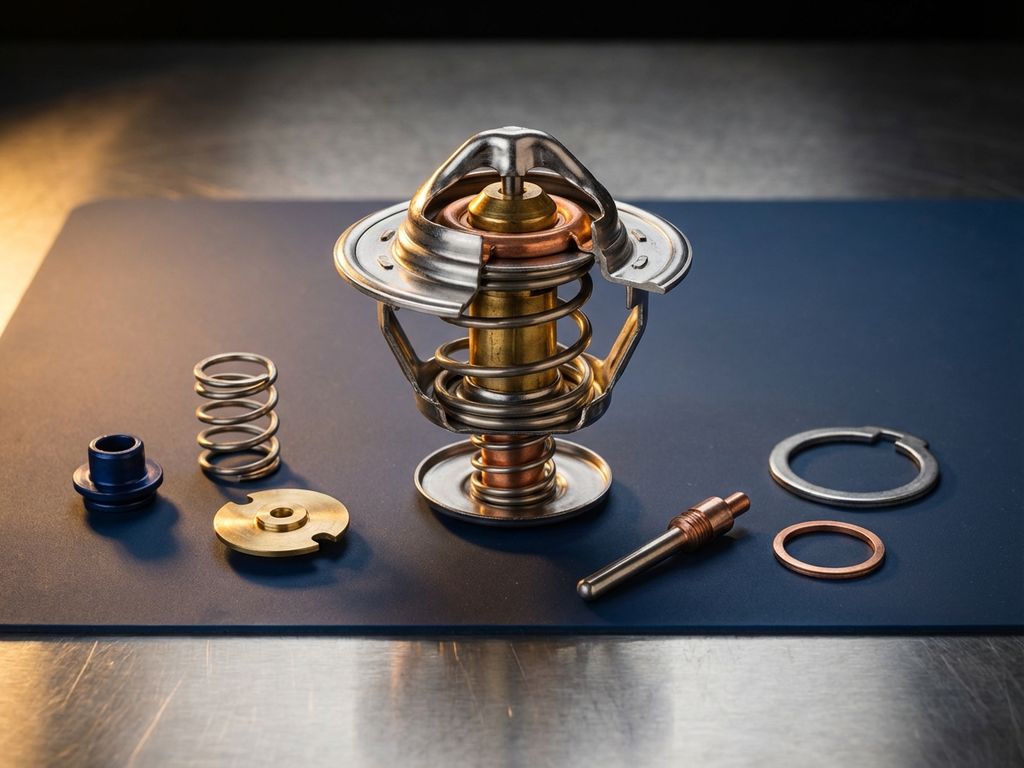 Automotive thermostat cross-section showing internal wax actuators, springs, and valves with precision machined components