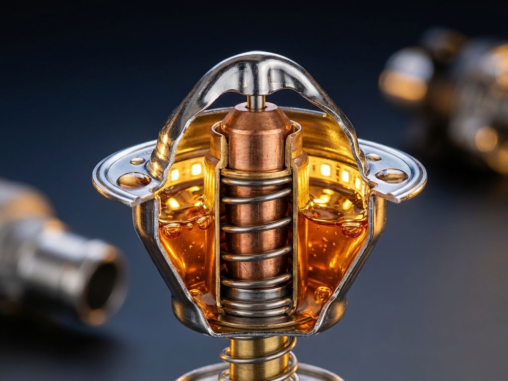 Automotive thermostat cross-section showing wax sensor element and spring mechanism with chrome housing and coolant droplets