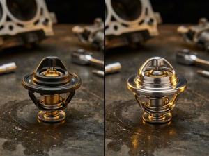 Two automotive thermostats side by side: standard black plastic housing on left, premium polished chrome metallic housing on right