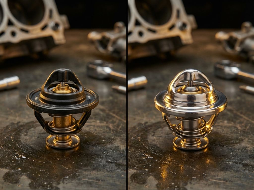 Two automotive thermostats side by side: standard black plastic housing on left, premium polished chrome metallic housing on right
