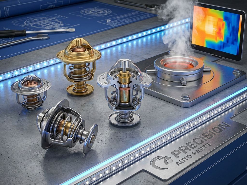 Automotive thermostat cutaway showing internal valve mechanisms and multiple thermostat variants with metallic finishes
