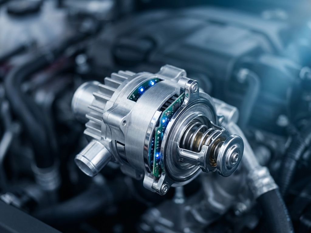 Automotive thermostat component with metallic surfaces and blue LED sensors in modern car engine bay