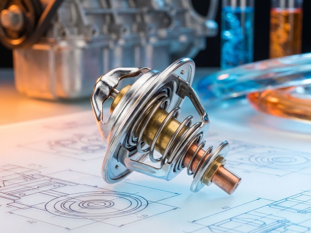 Automotive thermostat component with chrome finish on technical surface, engine parts blurred in background