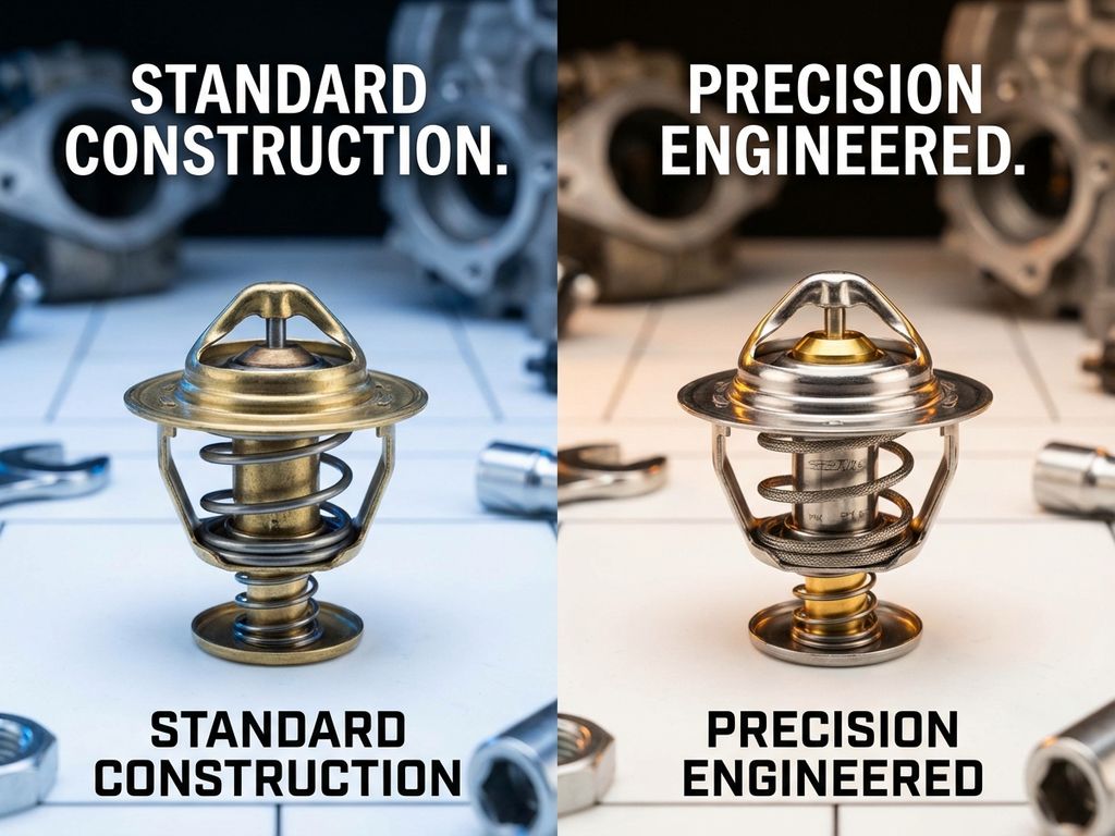 Two automotive thermostat inserts compared side by side: standard basic model on left, precision-engineered with refined details on right.