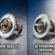 Two automotive thermostats compared side by side: pristine OEM chrome model versus aftermarket version on metallic surface