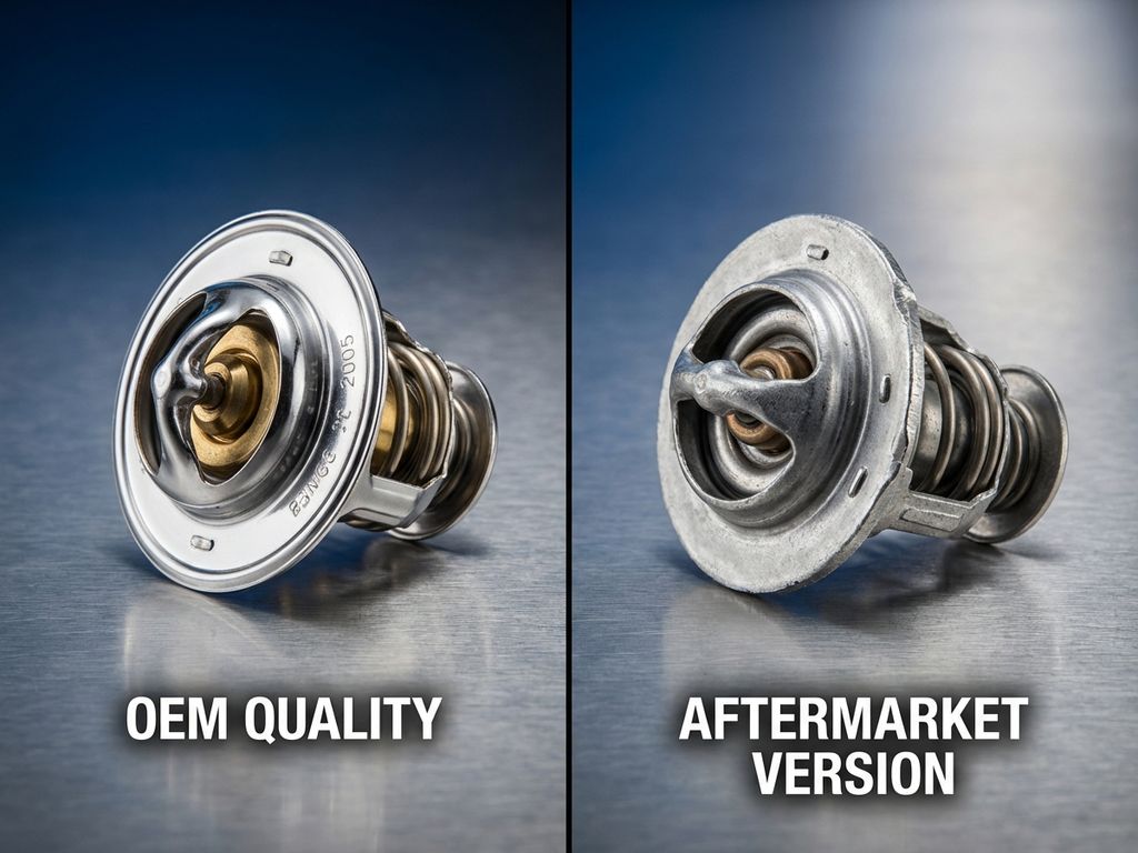 Two automotive thermostats compared side by side: pristine OEM chrome model versus aftermarket version on metallic surface