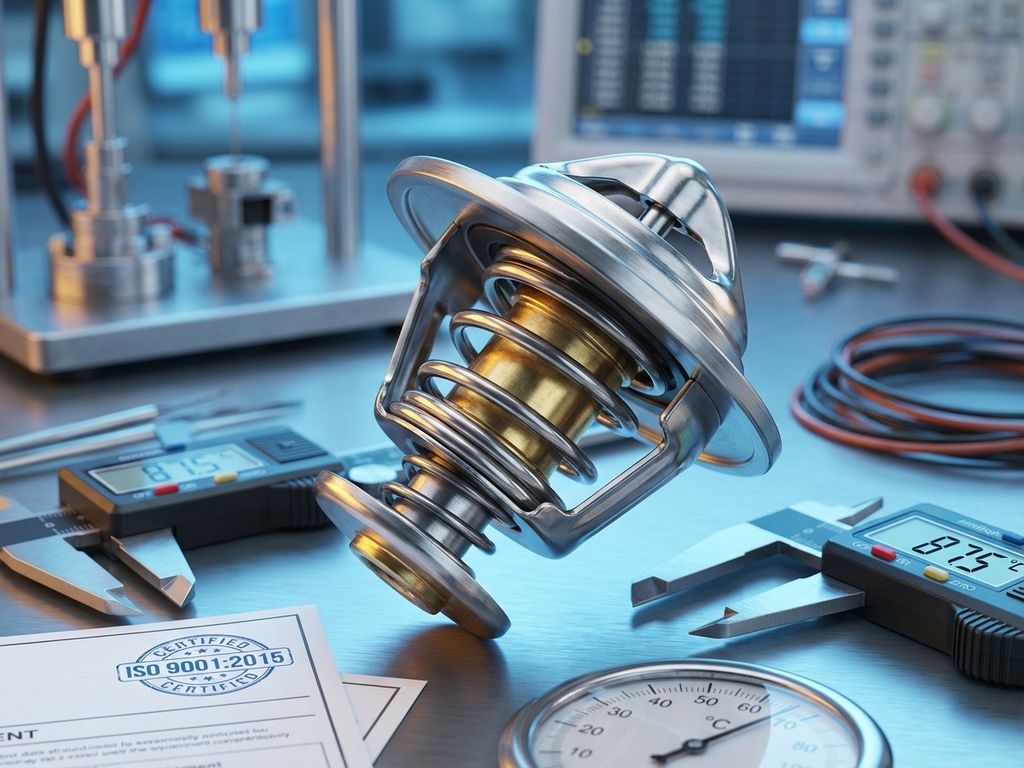 Automotive thermostat component with wax pellet and spring on testing equipment with digital calipers and gauges