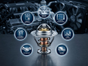 Automotive thermostat component surrounded by quality certificates, technical specs, cost charts, delivery trucks, and partnership elements in industrial blue lighting.