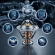 Automotive thermostat component surrounded by quality certificates, technical specs, cost charts, delivery trucks, and partnership elements in industrial blue lighting.