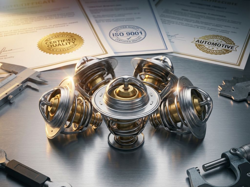 Automotive thermostats with ISO certification documents and quality stamps on metallic surface with precision tools