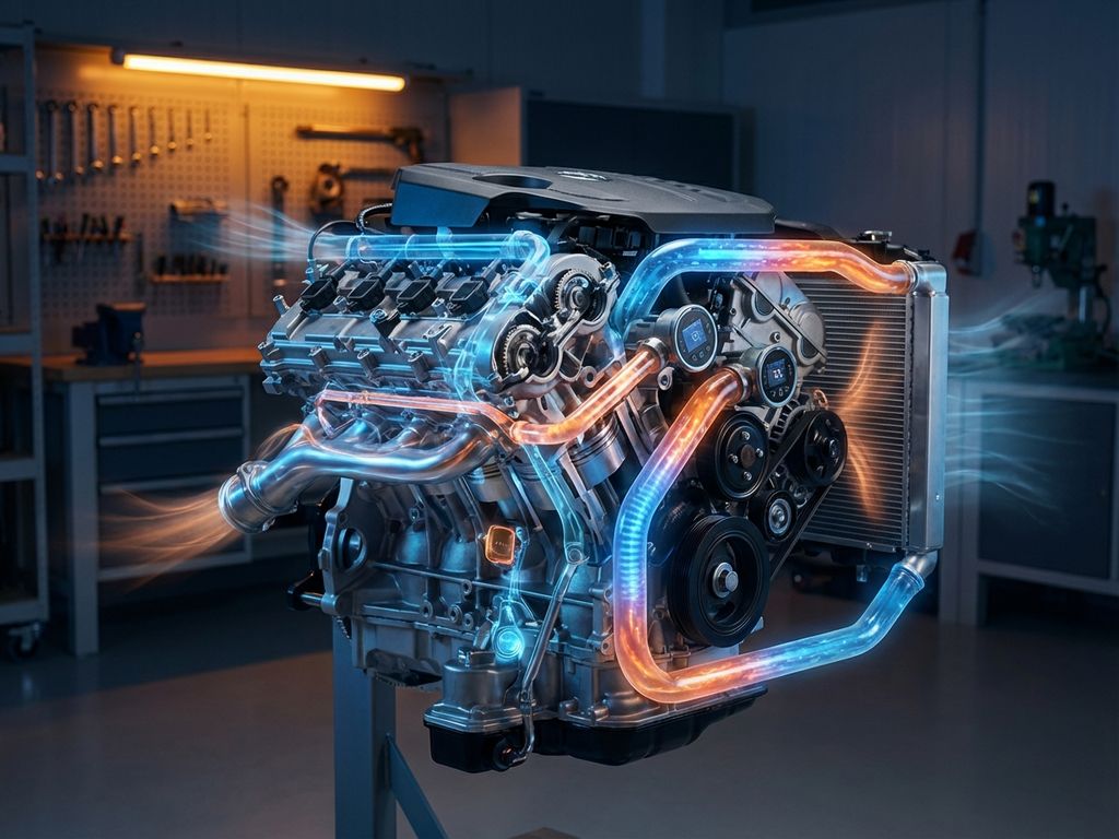 Cross-section of modern car engine with thermal management components highlighted in blue and orange heat gradients.