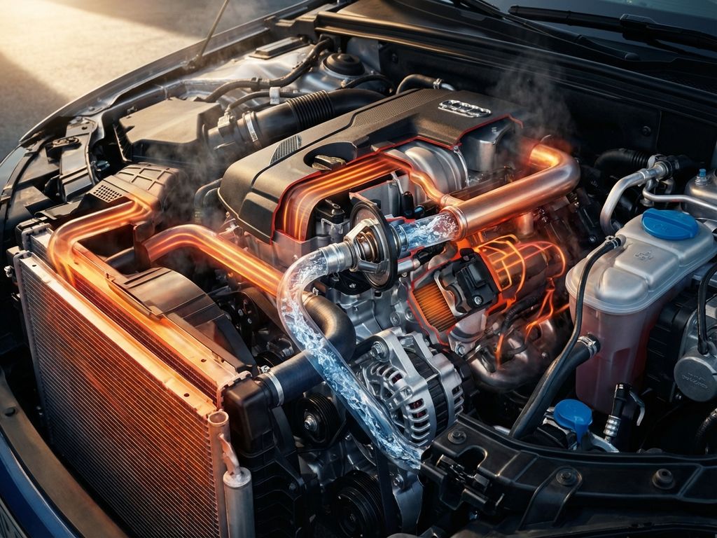 Car engine cross-section showing thermal management system with glowing heat signatures through coolant channels and radiator