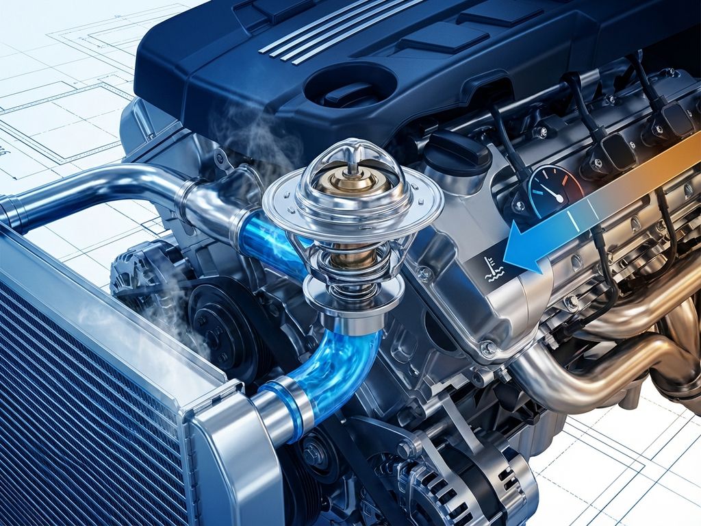 Cutaway view of car engine with chrome thermostat and blue coolant flowing through pipes, showing temperature regulation system.