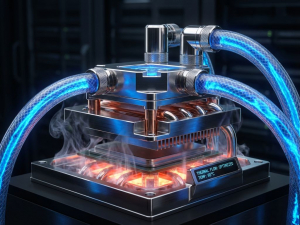 Computer CPU with liquid cooling system showing blue coolant flowing through transparent tubes and chrome heat exchangers.