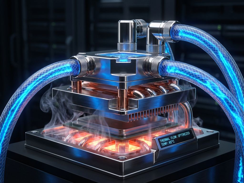 Computer CPU with liquid cooling system showing blue coolant flowing through transparent tubes and chrome heat exchangers.