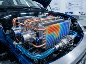 Electric vehicle engine bay cutaway showing copper heat pipes, cooling fins, thermal sensors, and blue coolant flow systems.
